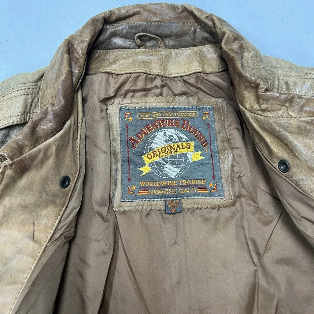 Adventure Bound Bomber Jacket Mens M Tan Distressed Leather Aviator Flight E2